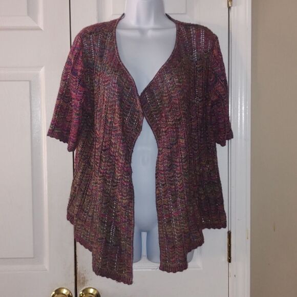 Christopher & Banks Petite multicolor short sleeve open front cardigan Sz LP - Picture 1 of 6